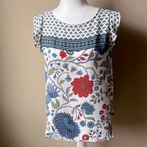 Loft blue floral flutter sleeve top, size medium petite